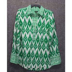 Talbots Top XS Kelly Green White Leafy Ikat Border 1/2 Button Tunic
